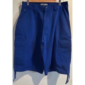 Men's Blue Twill Drawstring Leg Cargo Shorts Tag Size 32 Y2K Baggy